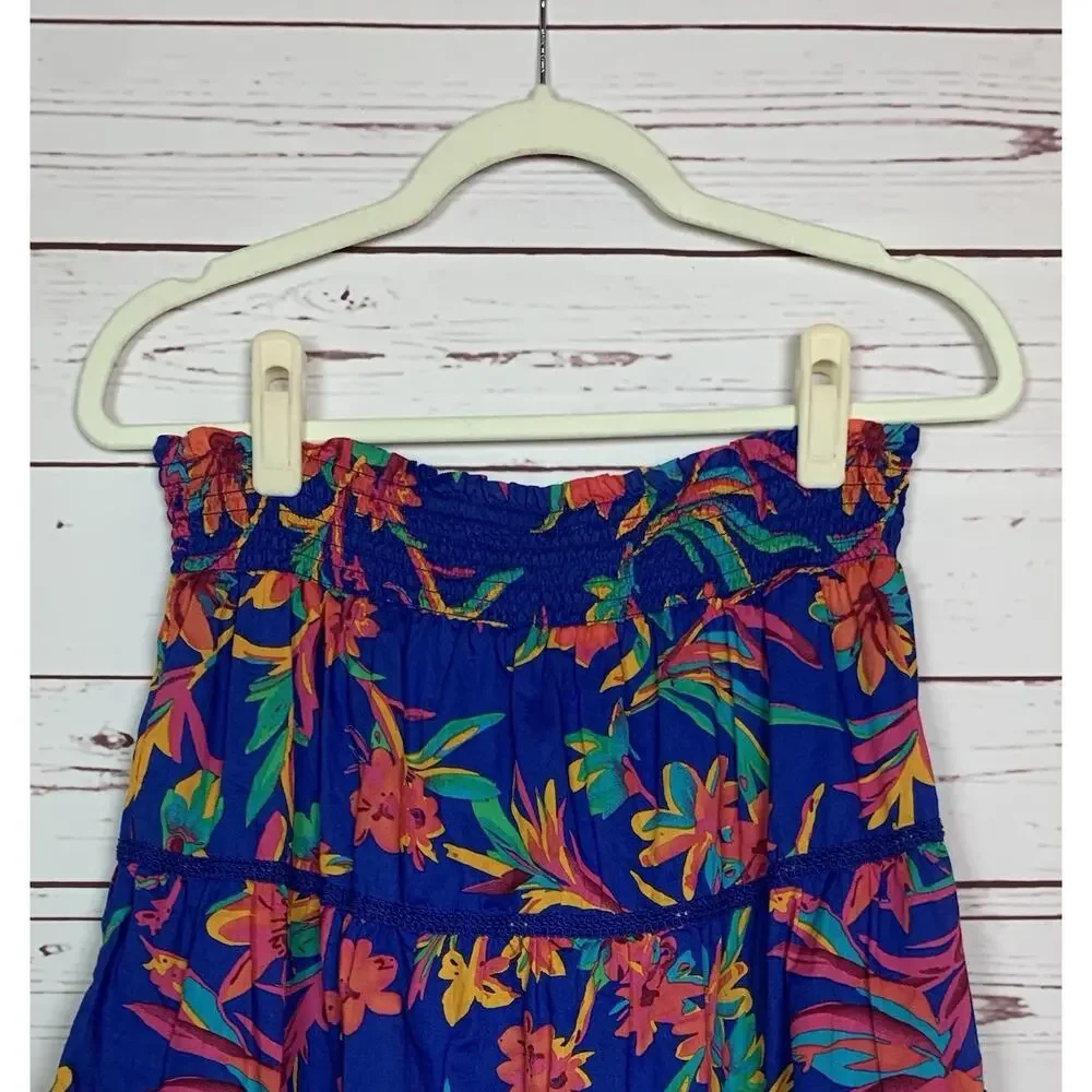 J.Crew Women's S Small Blue Floral Tropical Hawaiin Stretchy Waist Elastic Skirt